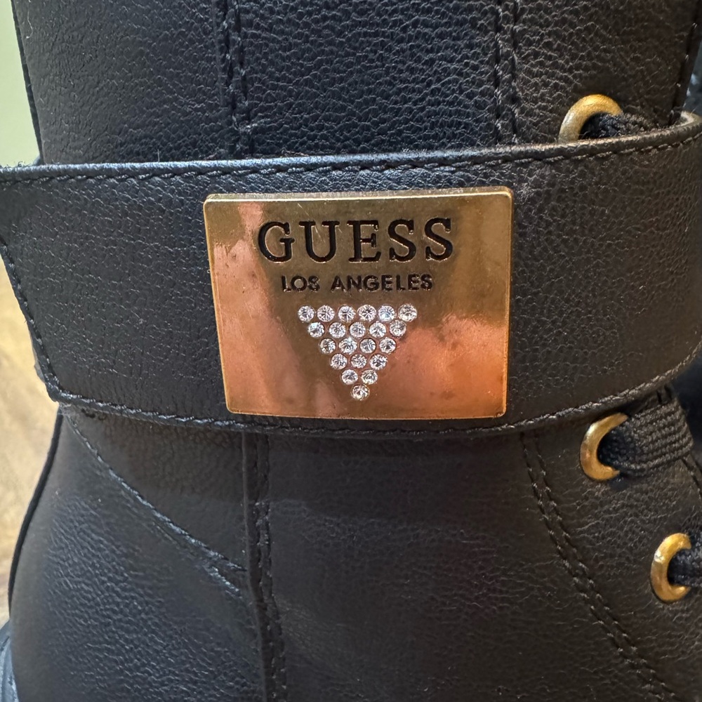 GUESS Caleena Lace Up Combat Boots With Gold Jeweled Guess Accent Strap NWOT - Picture 8 of 14